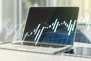 Multi exposure of abstract financial diagram on computer background, banking and accounting concept
