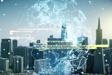 Abstract virtual coding illustration and world map on San Francisco cityscape background, international software development concept. Multiexposure