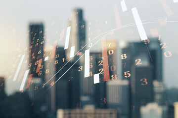 Multi exposure of virtual abstract financial graph interface on blurry skyscrapers background, financial and trading concept