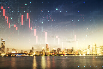 Fototapeta na wymiar Double exposure of abstract virtual global crisis chart and world map hologram on Chicago city skyscrapers background. Financial crisis and recession concept