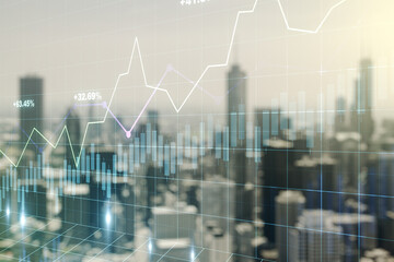 Double exposure of abstract creative financial chart hologram on blurry cityscape background, research and strategy concept