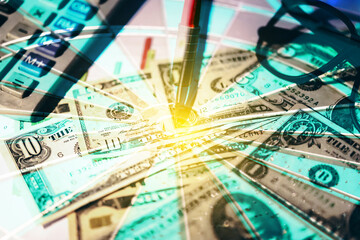 Business graph background: Analysis business accounting on info sheets. Businessman hand working on...