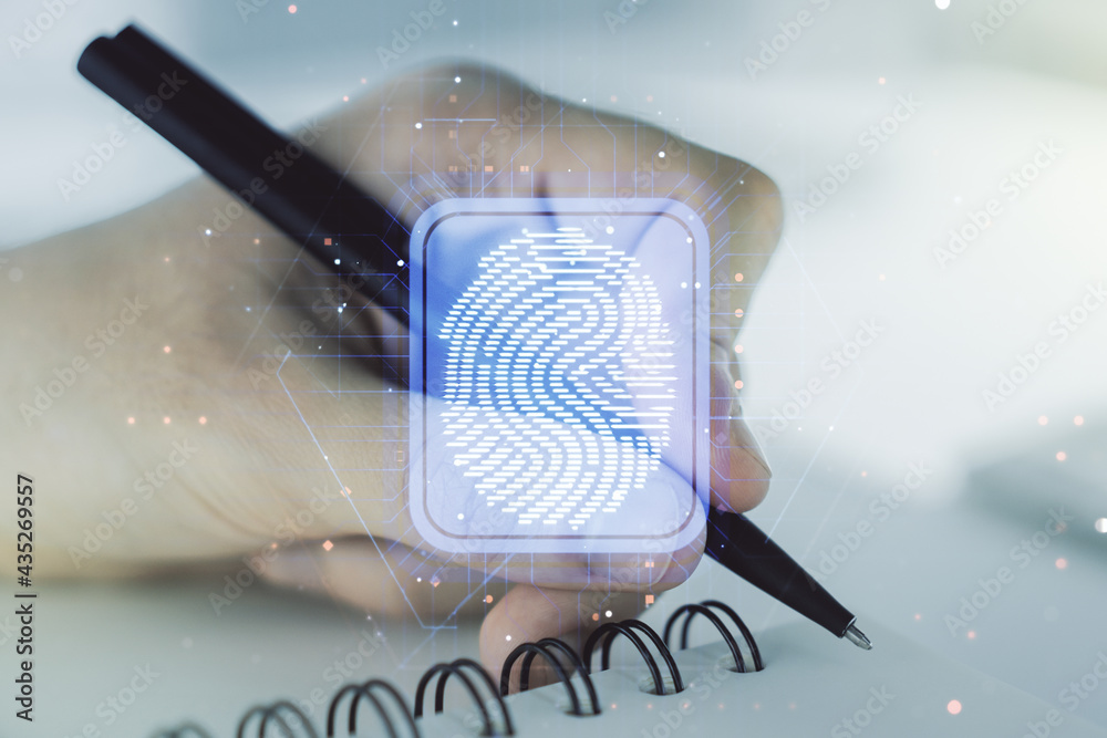 Poster abstract creative fingerprint illustration with man hand writing in diary on background, personal bi