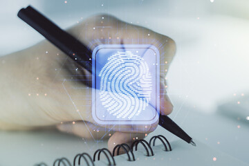 Abstract creative fingerprint illustration with man hand writing in diary on background, personal...