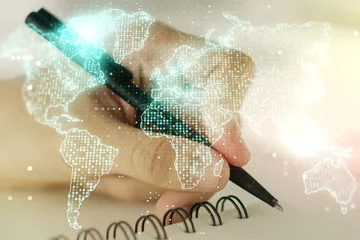 Foto op Plexiglas Multi exposure of abstract graphic world map and man hand writing in notepad on background, connection and communication concept © Pixels Hunter
