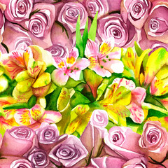 Fototapeta na wymiar Seamless pattern watercolor alstroemeria and roses