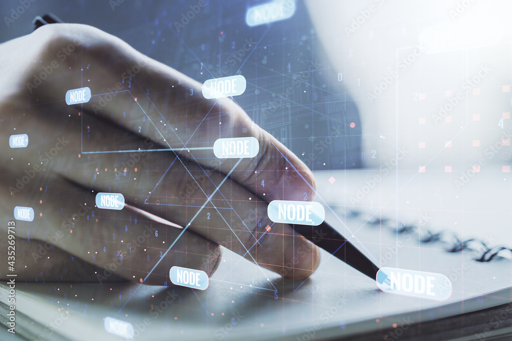 Poster double exposure of abstract creative programming illustration and man hand writing in notepad on bac