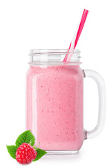 raspberry smoothie with straw in mason jar
