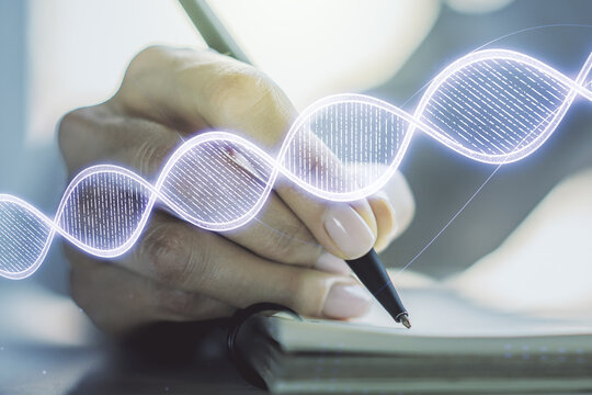Creative light DNA illustration and woman hand writing in diary on background, science and biology concept. Multiexposure