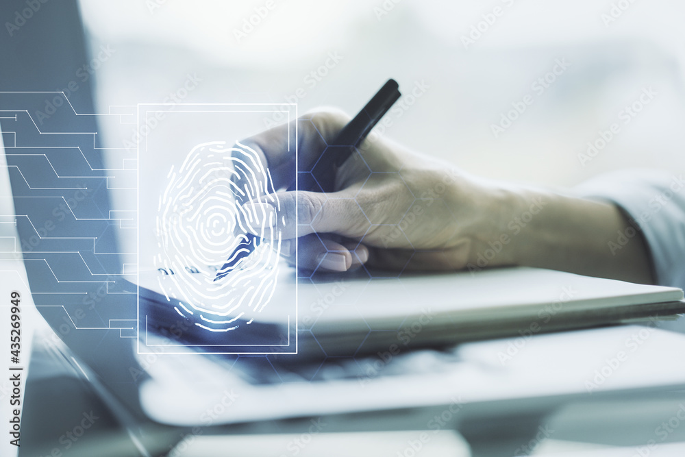 Poster multi exposure of abstract graphic fingerprint sketch with hand writing in diary on background with 