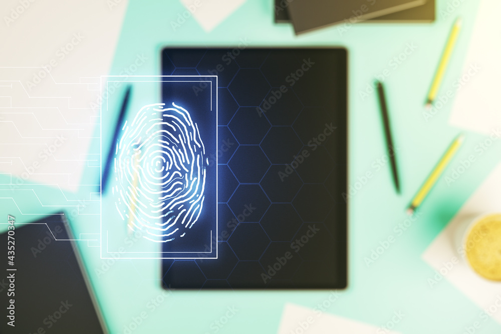 Leinwandbilder multi exposure of abstract graphic fingerprint sketch and modern digital tablet on desktop on backgr