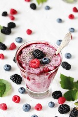Berry smoothies with yogurt, chia seeds and fresh berries. place for a recipe