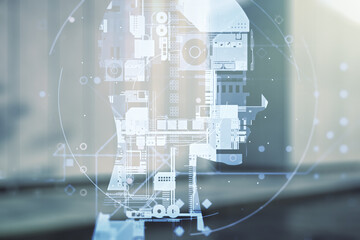 Double exposure of creative artificial Intelligence hologram on modern business center exterior background. Neural networks and machine learning concept
