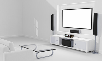 Home Theater and TV screen in the living room. Big wall screen TV and  Audio equipment use for Mini Home Theater with Surround Speakers system in Room white marble floor. 3D Rendering.