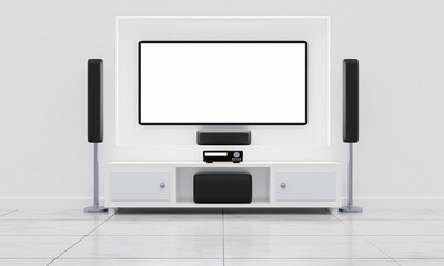 Home Theater and TV screen in the living room. Big wall screen TV and  Audio equipment use for Mini Home Theater with Surround Speakers system in Room white marble floor. 3D Rendering.