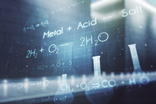 Double exposure of abstract virtual chemistry hologram on modern business center exterior background, research and development concept