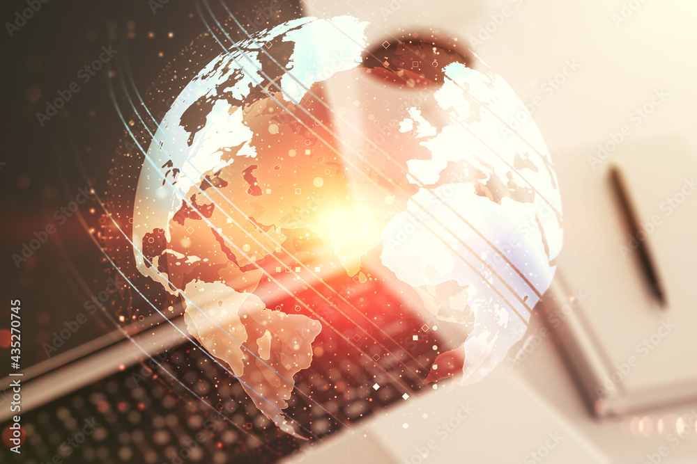 Poster double exposure of abstract digital world map on computer background, big data and blockchain concep