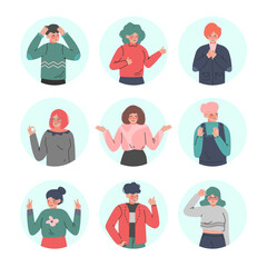 Young Man and Woman Making Positive and Negative Hand Gestures in Circular Frames Vector Illustration Set