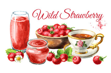 Wild forest strawberry card with berries, jam and juice. Hand drawn watercolor illustration isolated on white background