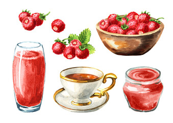 Wild forest strawberry jam, tea, drink, bowl and ripe berries set. Hand drawn watercolor illustration isolated on white background