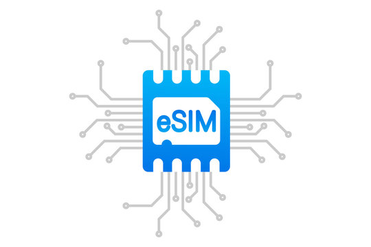 Mobile device with a chipeSIM. Embedded SIM. New mobile communication technology concept. Smart phone eSIM card chip sign. Mobile device with a chip e-SIM. Hand with phone with eSIM technology