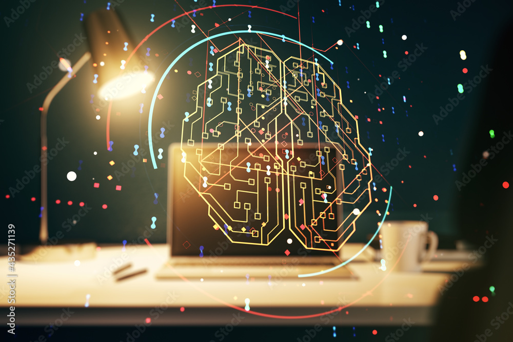 Aufkleber Creative artificial Intelligence concept with human brain sketch on modern computer background. Double exposure