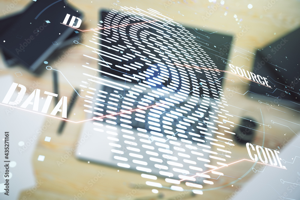 Poster double exposure of abstract creative fingerprint hologram on computer background, protection of pers