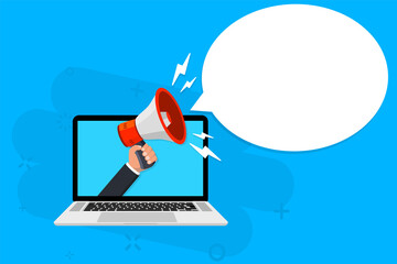 Hand holding megaphone coming out from laptop. Digital marketing, internet targeted, promotional campaign, online notification, e-marketing, internet promo, online advertisement. laptop with megaphone
