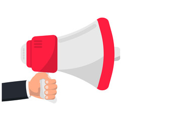 Hand hold megaphone with copy space . Megaphone. Loudspeaker, speaker, bullhorn alert. Advertising and business promotion symbol, social media marketing concept. Advertising through speakers