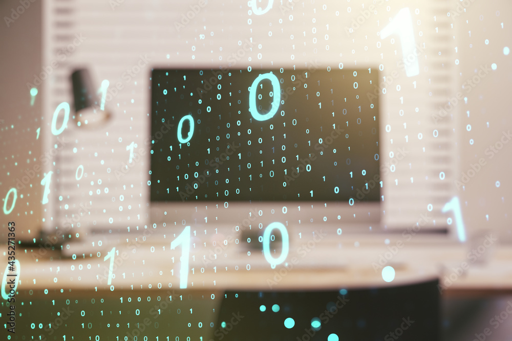 Poster creative abstract binary code hologram on modern computer background, ai and machine learning concep