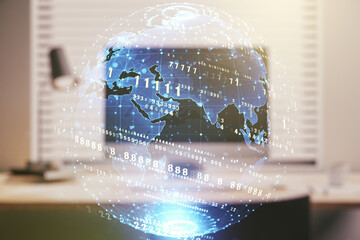 Double exposure of abstract creative programming illustration with world map on computer background, big data and blockchain concept