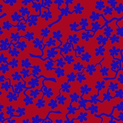 Seamless pattern with blossoming Japanese cherry sakura.Blue flowers on terracotta background