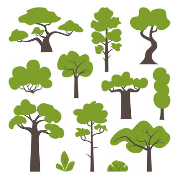 Big set of various green trees and bushes. Tree icons set in a modern flat style. Vector illustration.