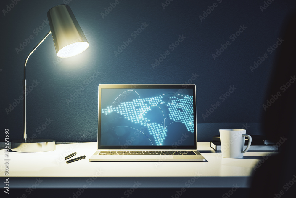 Aufkleber Abstract creative world map with connections on modern laptop screen, international trading concept. 3D Rendering