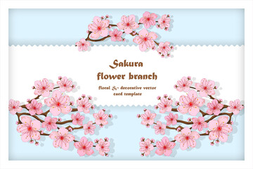 Floral wedding invitation card template design, pink sakura flowers in white polygon shape on sky blue