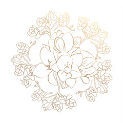 Fototapeta premium Vector wedding invitation with modern floral branch, gold flowers. Simple template with golden design. Hand drawn illustration. EPS 10