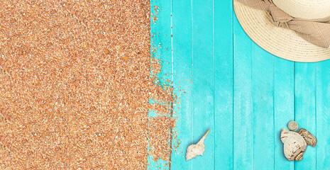Marine banner. Turquoise wooden planks of pier with beach pebble sand. Travel and tourism. Copy space