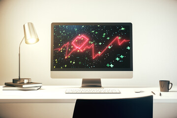 Creative concept of heart pulse illustration on modern laptop screen. Medicine and healthcare concept. 3D Rendering