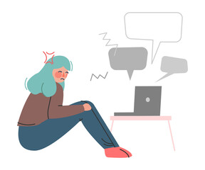 Frustrated Girl with Insulting Chat Message, Cyberbullying, Social Media Harassment, Trolling Cartoon Vector Illustration