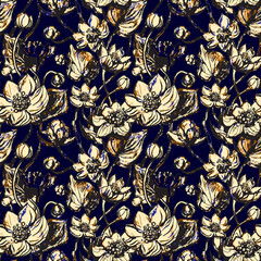 Linear pattern - lotus, water lillies flowers. Lotus flowers seamless pattern. Monotone with drawing line art. Exsotic dark background texture. Tropical floral art print.