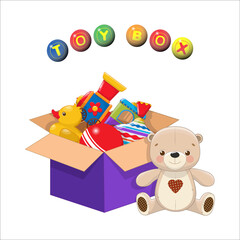 Children's toys set in an open paper box on a white background with lettering