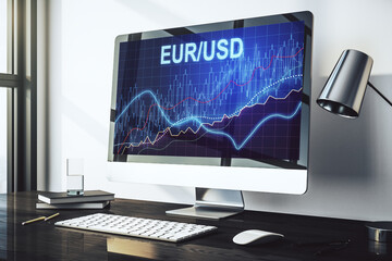 Creative concept of EURO USD financial chart illustration on modern laptop screen. Trading and currency concept. 3D Rendering