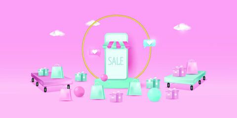 Obraz premium Online shopping store with mobile application digital marketing and sale banner background