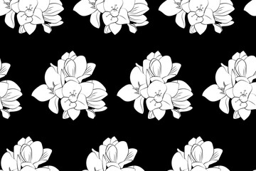 Romantic modern seamless flowers pattern with freesia flowers. Black and white hand drawn Seamless pattern. Vector Illustration, EPS 10