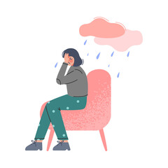 Depressed Girl Sitting on Armchair Covering her Face with Arm, Mental Disorder, Illness Concept Cartoon Vector Illustration