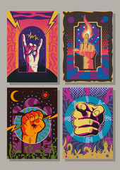 1960s - 1970s Psychedelic Posters, Covers, Classic Rock Music Party Invitations Template Set, Psychedelic Colors and Gestures 