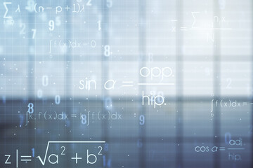 Double exposure of scientific formula hologram on empty modern office background, research and development concept