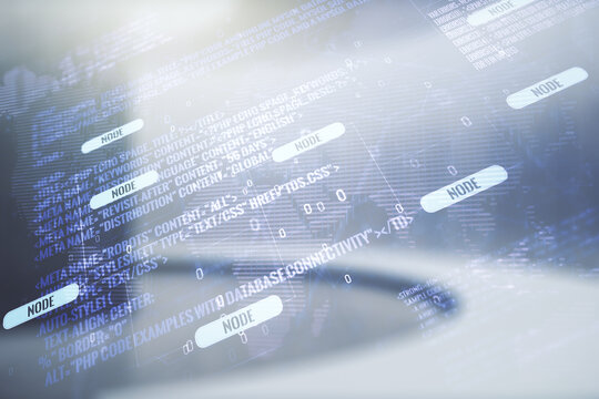 Multi exposure of abstract graphic coding sketch and world map on modern interior background, big data and networking concept