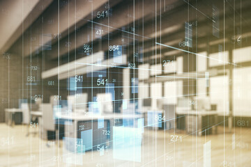 Multi exposure of abstract virtual graphic data spreadsheet sketch on a modern furnished classroom background, analytics and analysis concept