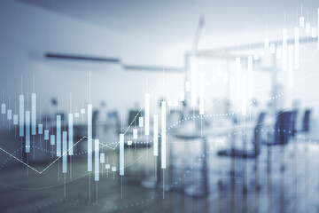 Abstract virtual financial graph hologram on a modern furnished office background, forex and...